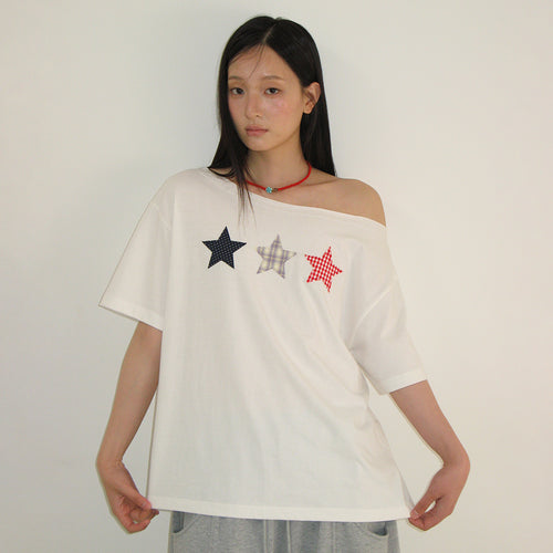 RONRON 3 STAR APPLIQUE OFF SHOULDER T SHIRT WHITE