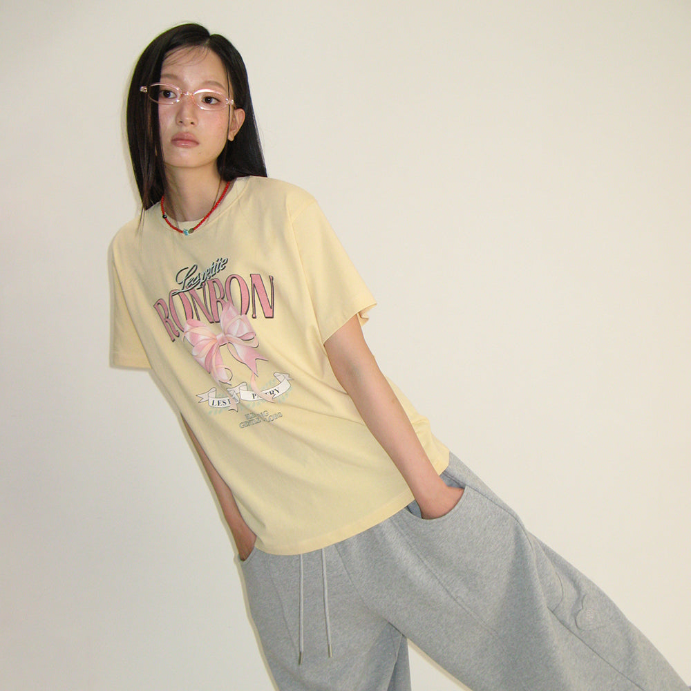RONRON VINTAGE DOUBLE RIBBON BASIC FIT T SHIRT YELLOW