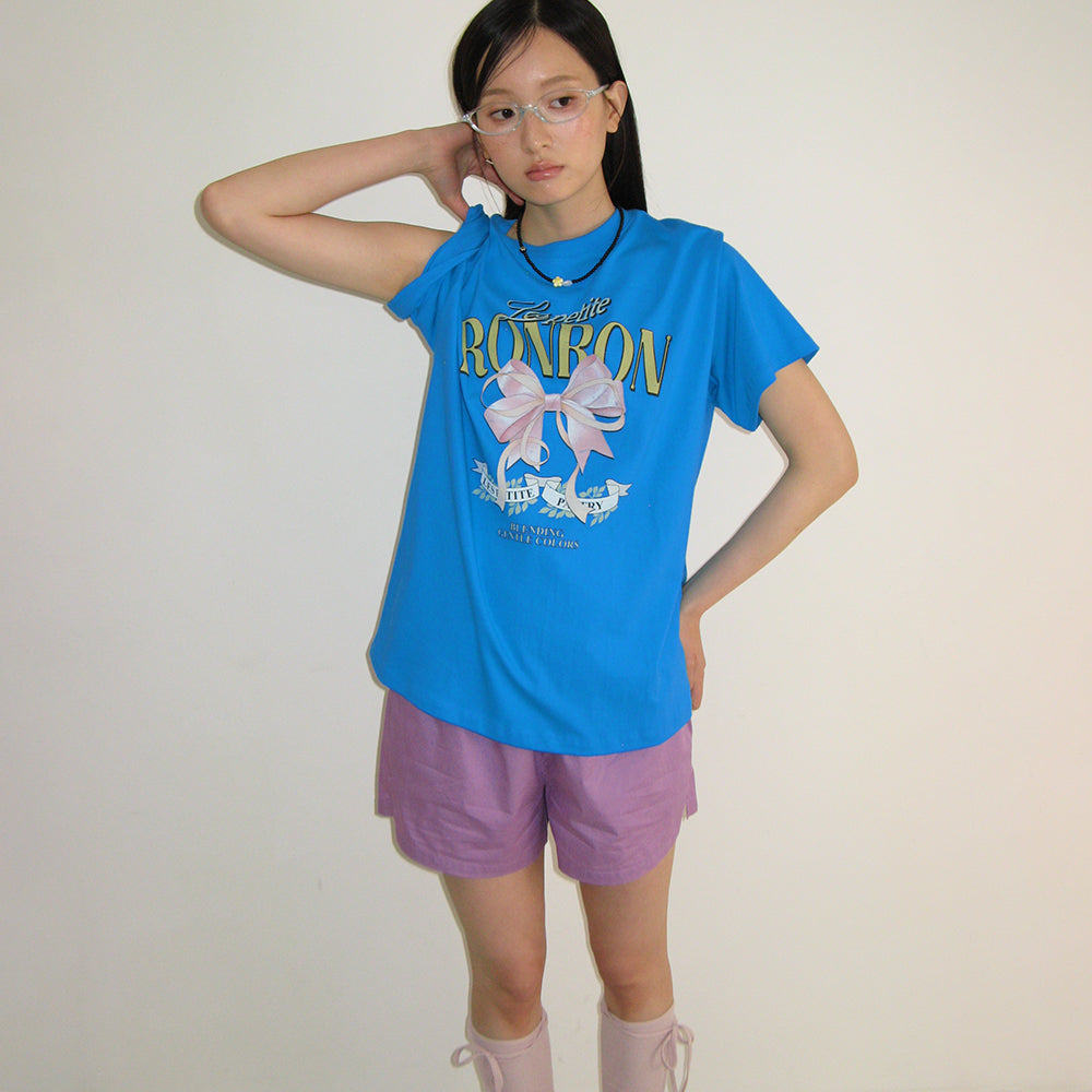 RONRON VINTAGE DOUBLE RIBBON BASIC FIT T SHIRT BLUE