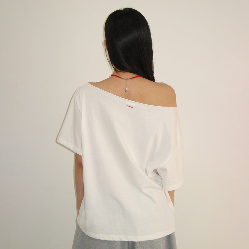RONRON 3 STAR APPLIQUE OFF SHOULDER T SHIRT WHITE
