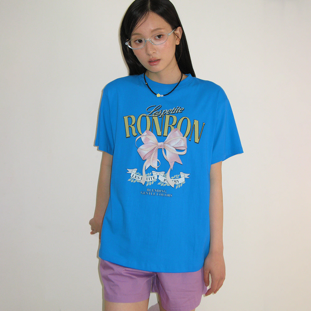 RONRON VINTAGE DOUBLE RIBBON BASIC FIT T SHIRT BLUE
