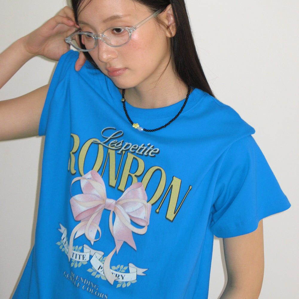 RONRON VINTAGE DOUBLE RIBBON BASIC FIT T SHIRT BLUE
