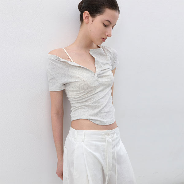 ATELIER NAIN AN BOATNECK BUTTON UP SLIM HALF T (T-7264)