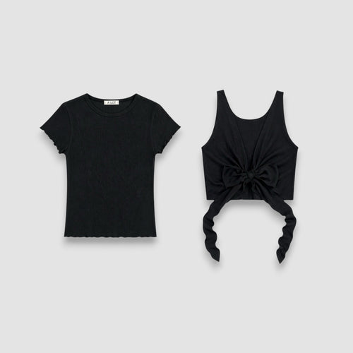 A LOT (Set/2Pack) Wave ribbed layered t & wrap bustier_Black