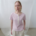TOAVE Contrast Ribbed Half-Open Tee (Pink)