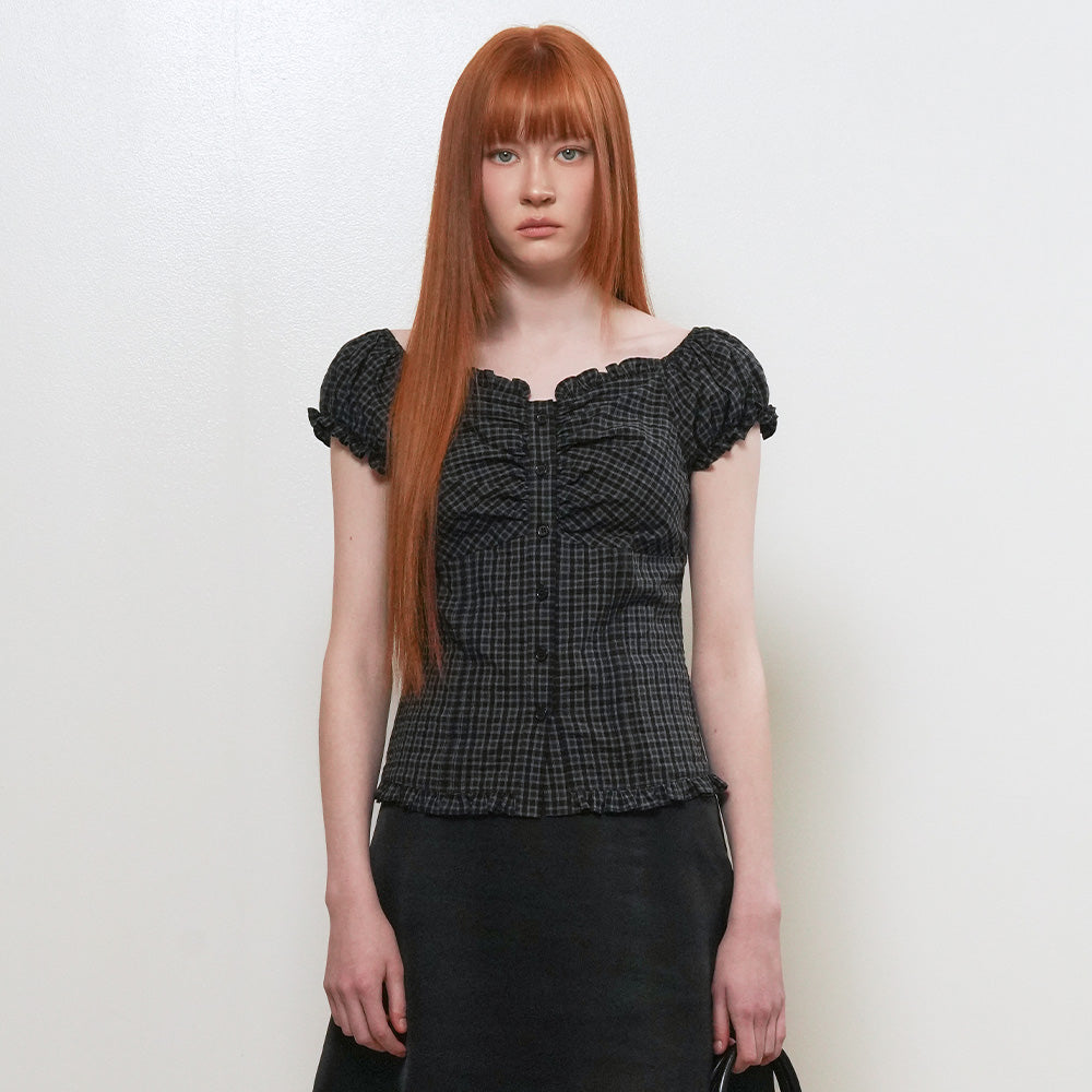 GENERAL IDEA WOMAN cap sleeve shirring puff blouse [BLACK] / GF2LBL516