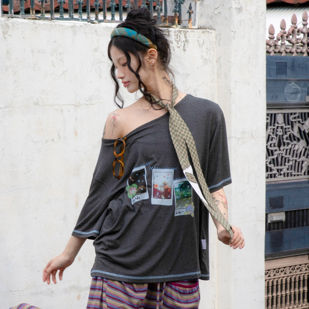 RuNaKiHu WXT089 Tsuzuri One Shoulder T-Shirt (CHARCOAL)