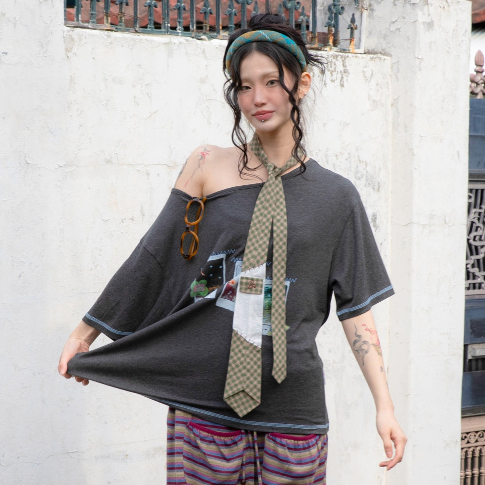 RuNaKiHu WXT089 Tsuzuri One Shoulder T-Shirt (CHARCOAL)