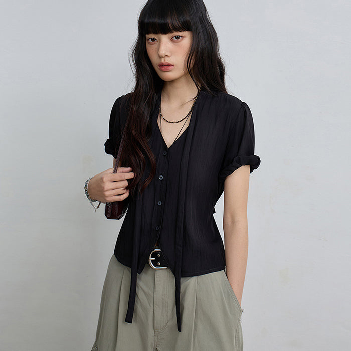 EUGGEN Soft tie button blouse_black