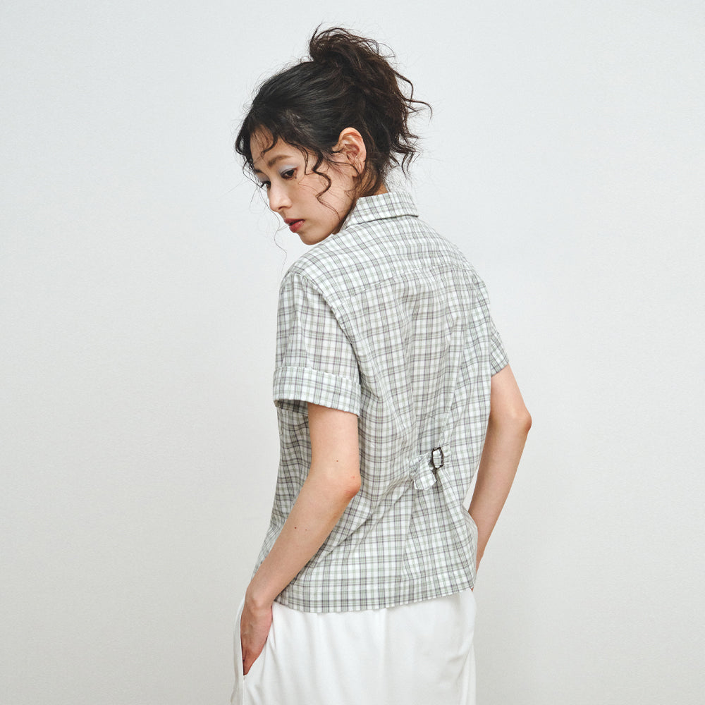 PLZPROJECT CHECK CINCH-BACK HALF SHIRT, GREEN