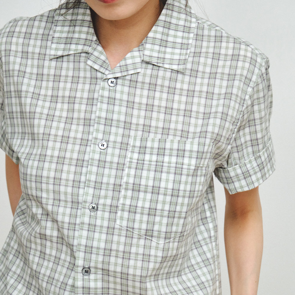 PLZPROJECT CHECK CINCH-BACK HALF SHIRT, GREEN