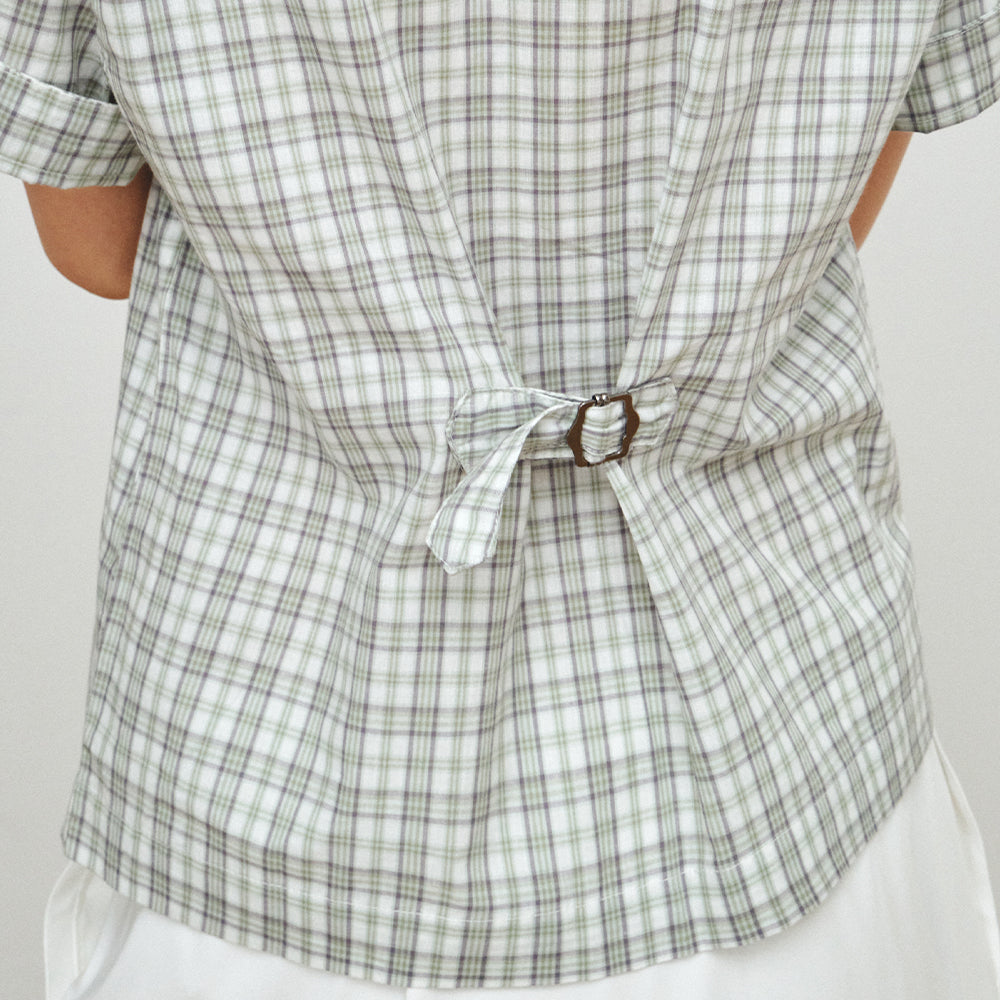 PLZPROJECT CHECK CINCH-BACK HALF SHIRT, GREEN