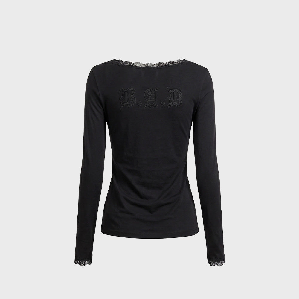 BADBLOOD w-tee26-177 Lace layered loose fit long sleeve - Black
