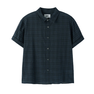 CHECK ROLL-UP CROP S/S SHIRTS - NAVY