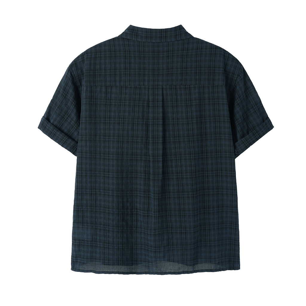 OY CHECK ROLL-UP CROP S/S SHIRTS - NAVY