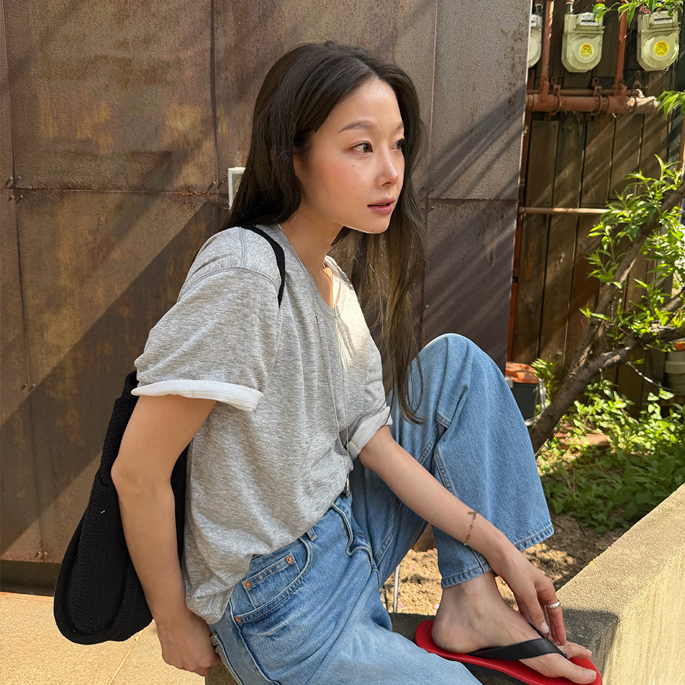 Siyazu [Sobin PICK] SITP5287 U-Neck Relaxed Short Sleeve T-Shirt_Melange gray