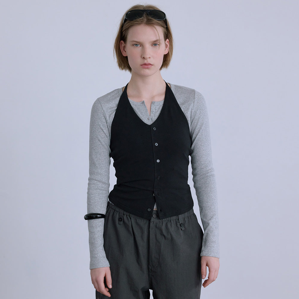 AFTERHOURS BUTTON HALTER SLEEVELESS TOP (BLACK)