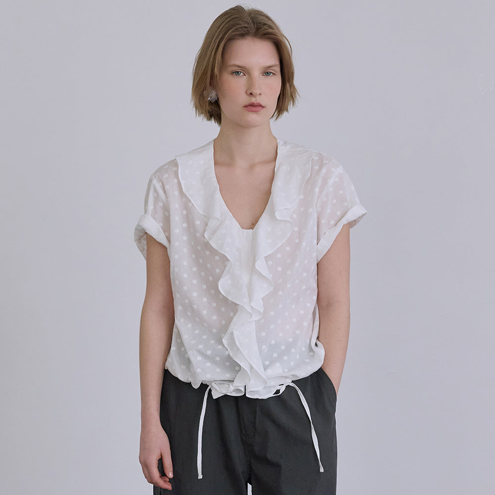 AFTERHOURS RUFFLE HALF SLEEVE BLOUSE (WHITE-FLORAL)