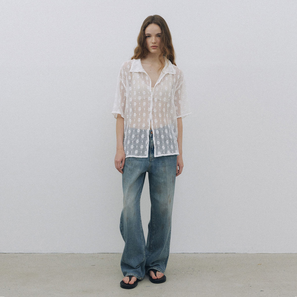 AREYOU SEOUL FLORAL JACQUARD SHEER SHIRT, WHITE