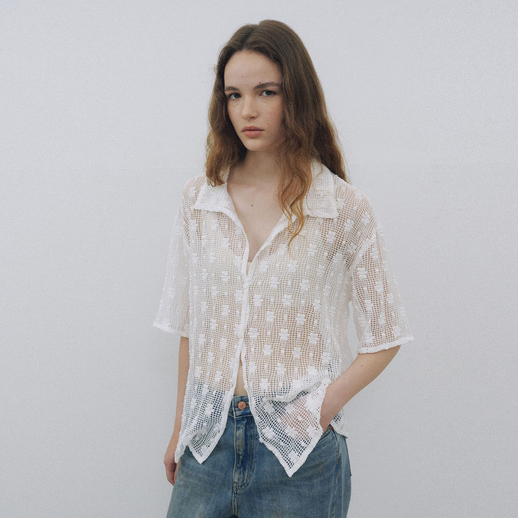 AREYOU SEOUL FLORAL JACQUARD SHEER SHIRT, WHITE