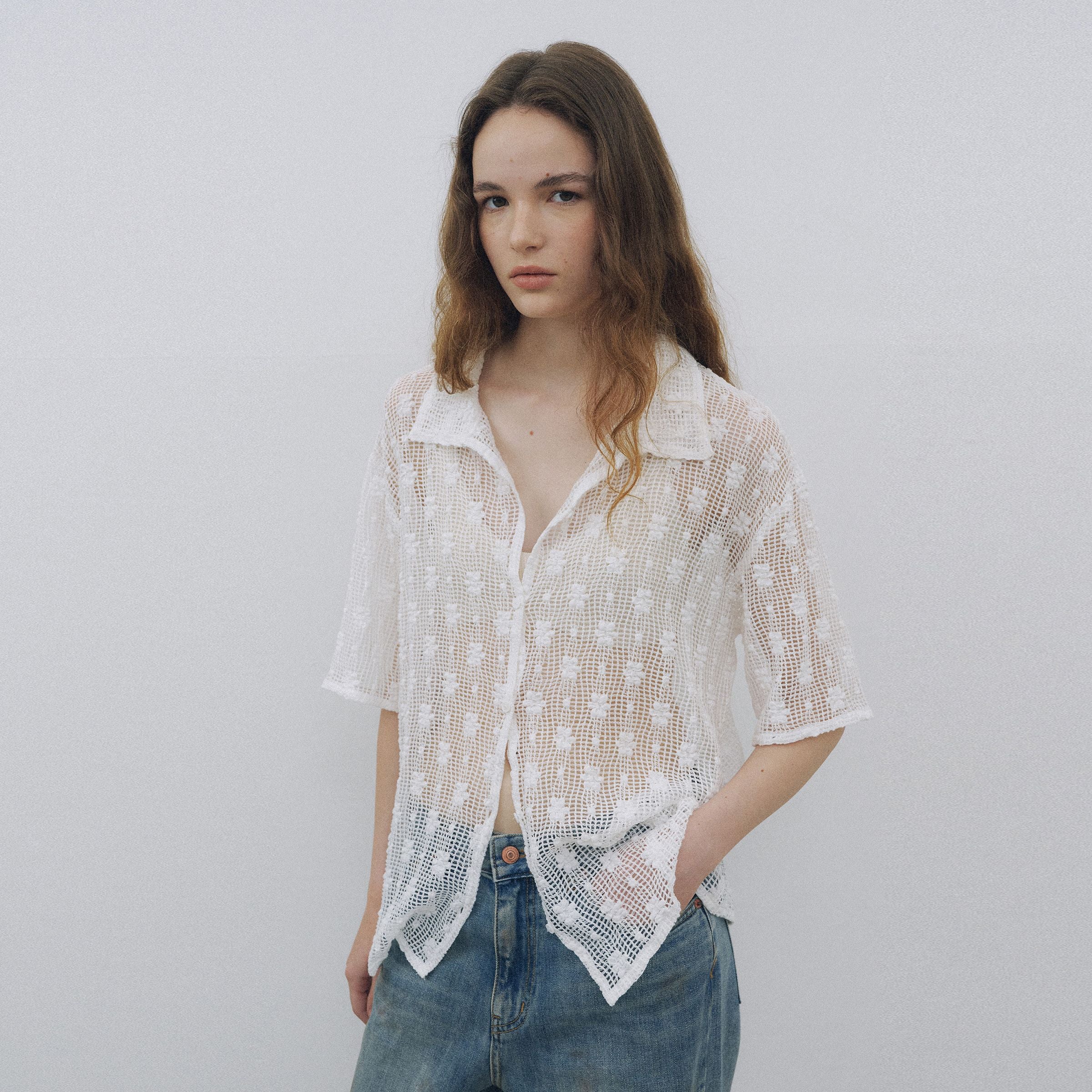 AREYOU SEOUL FLORAL JACQUARD SHEER SHIRT, WHITE