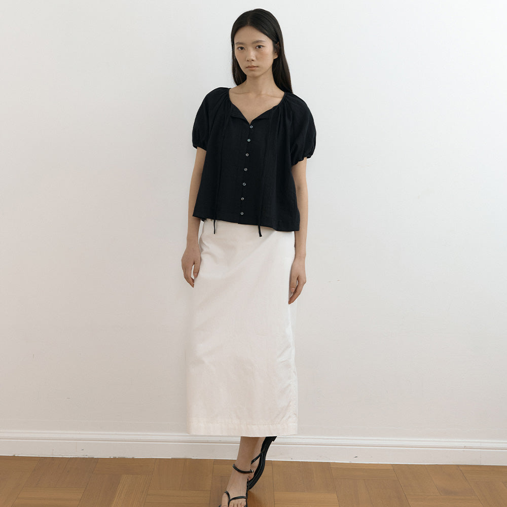 LINGSEOUL jacquard shirring string blouse-black