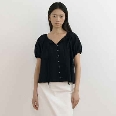 jacquard shirring string blouse-black