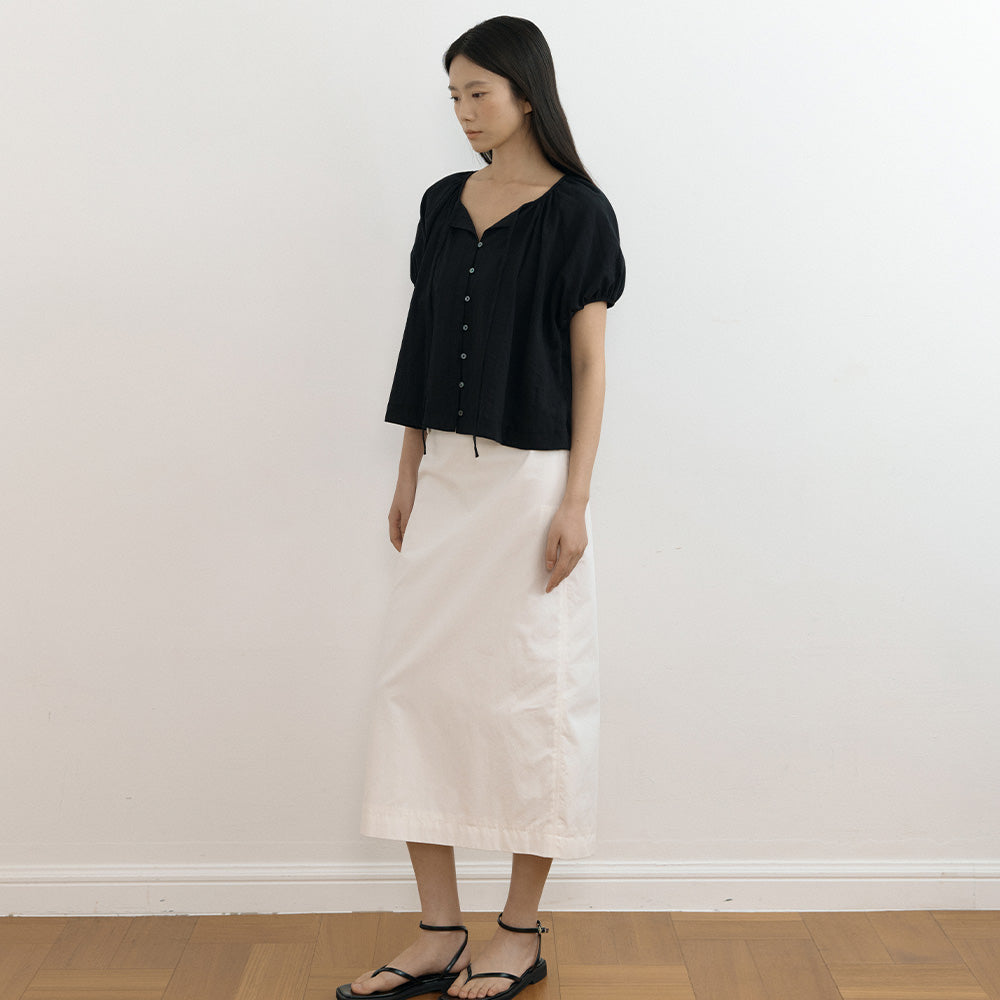 LINGSEOUL jacquard shirring string blouse-black