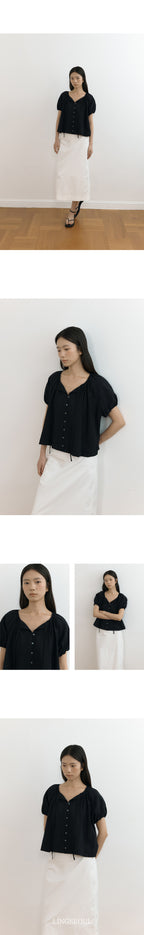 LINGSEOUL jacquard shirring string blouse-black