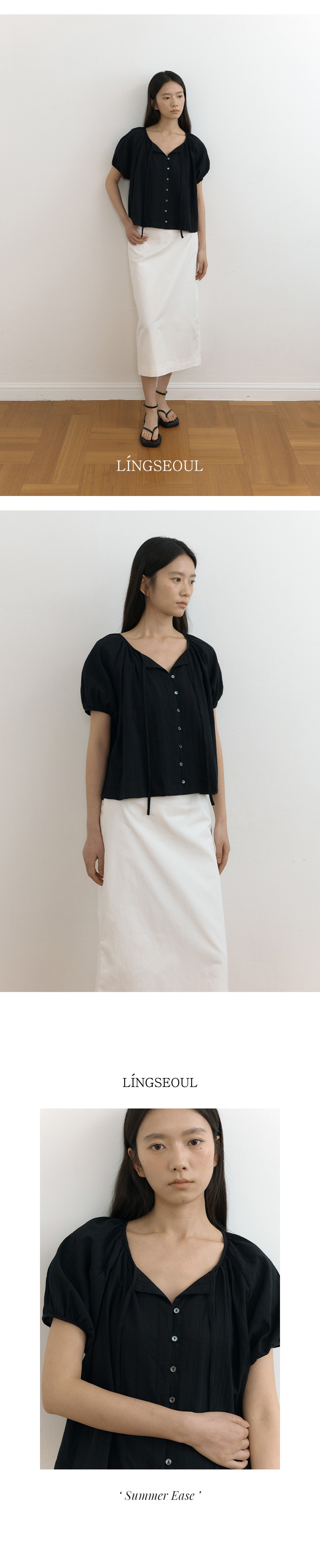 LINGSEOUL jacquard shirring string blouse-black