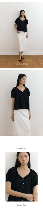 LINGSEOUL jacquard shirring string blouse-black