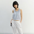 DUNST FRILL SLEEVELESS BLOUSE SOFT BLUE CHECK_UDBL6B226B1