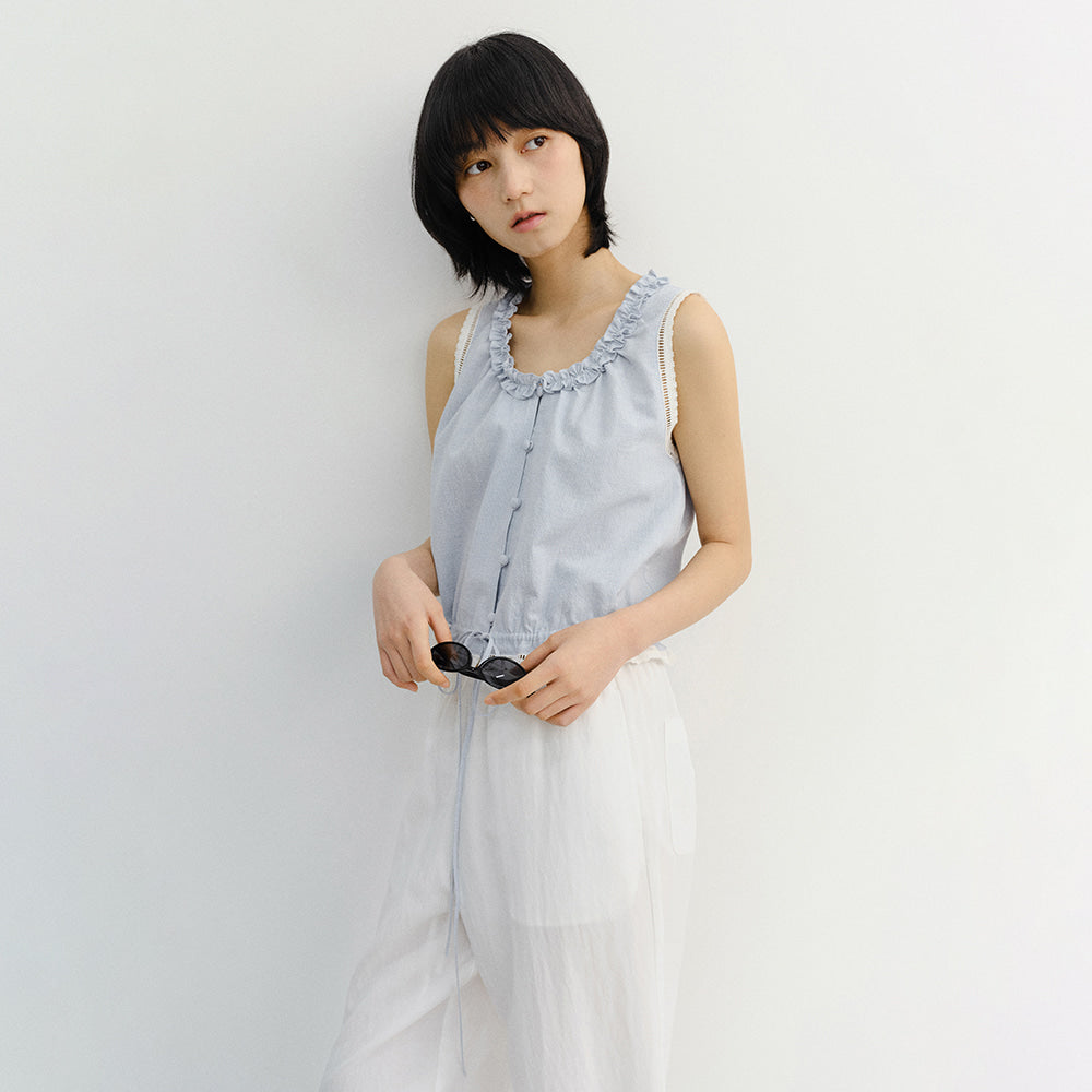 DUNST FRILL SLEEVELESS BLOUSE SOFT BLUE CHECK_UDBL6B226B1