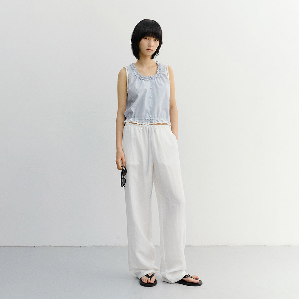 DUNST FRILL SLEEVELESS BLOUSE SOFT BLUE CHECK_UDBL6B226B1