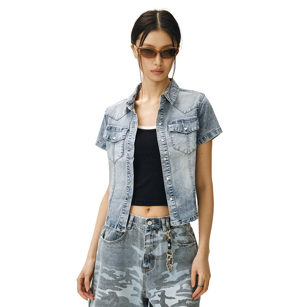 DECET WOMEN Western Slim Denim Short Shirts DCWSH002LBlueA