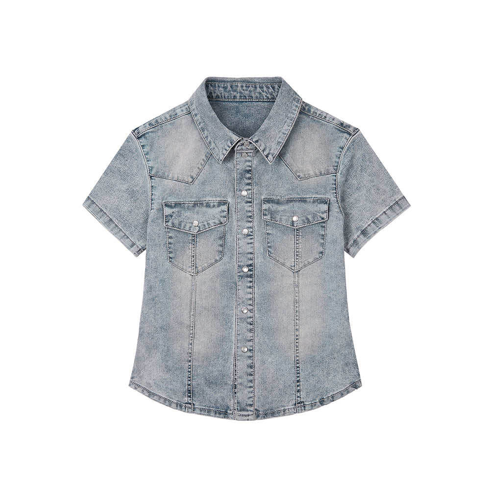 DECET WOMEN Western Slim Denim Short Shirts DCWSH002LBlueA