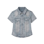 DECET WOMEN Western Slim Denim Short Shirts DCWSH002LBlueA