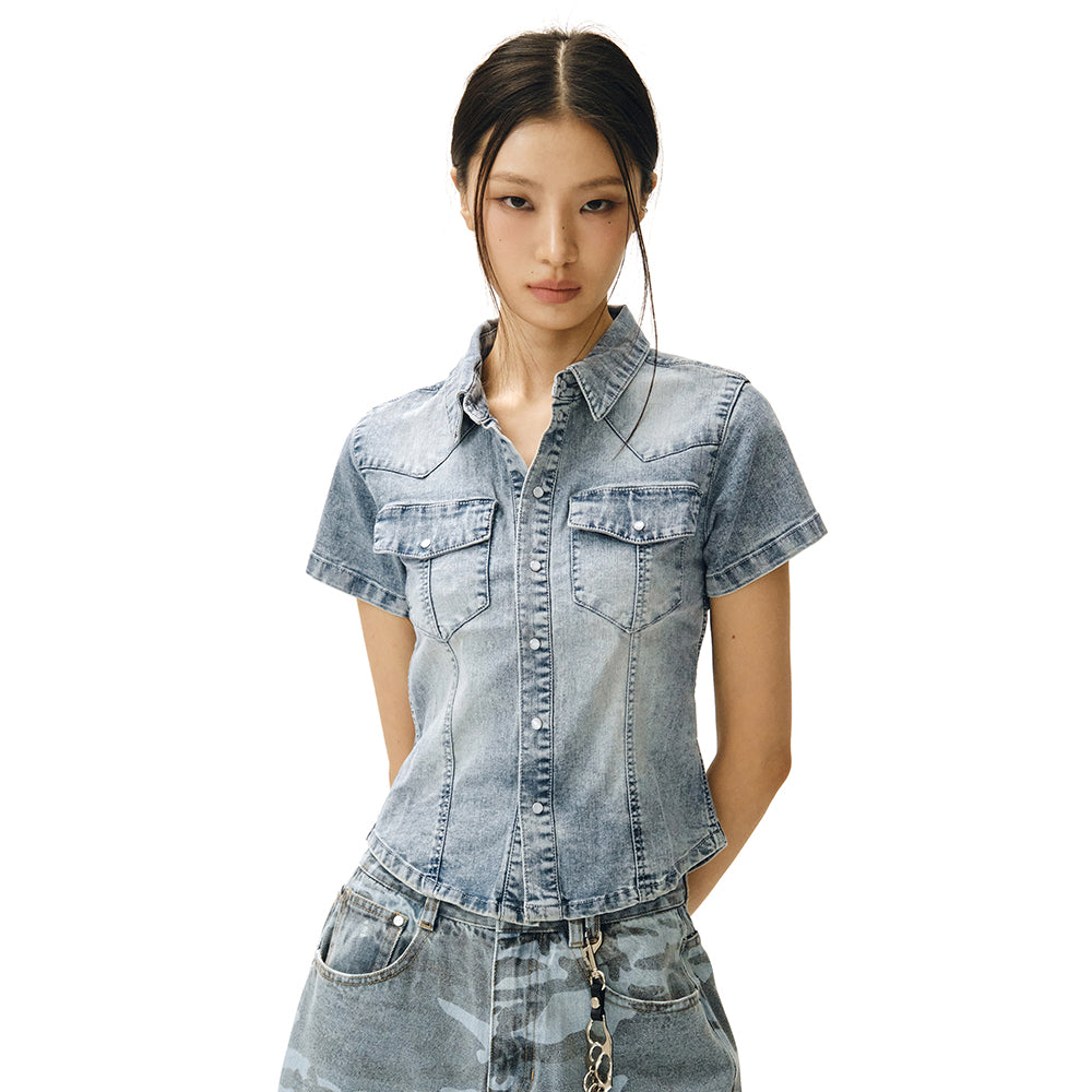 DECET WOMEN Western Slim Denim Short Shirts DCWSH002LBlueA