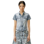 DECET WOMEN Western Slim Denim Short Shirts DCWSH002LBlueA