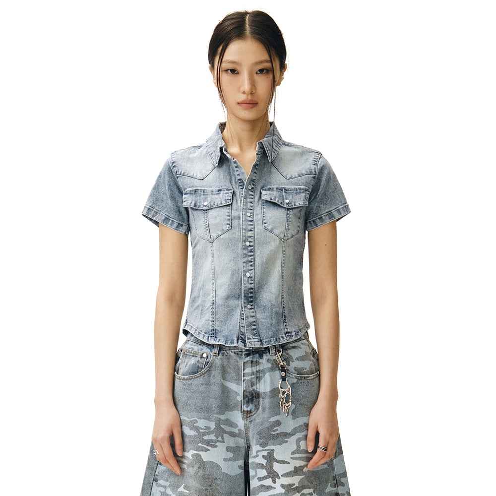 DECET WOMEN Western Slim Denim Short Shirts DCWSH002LBlueA
