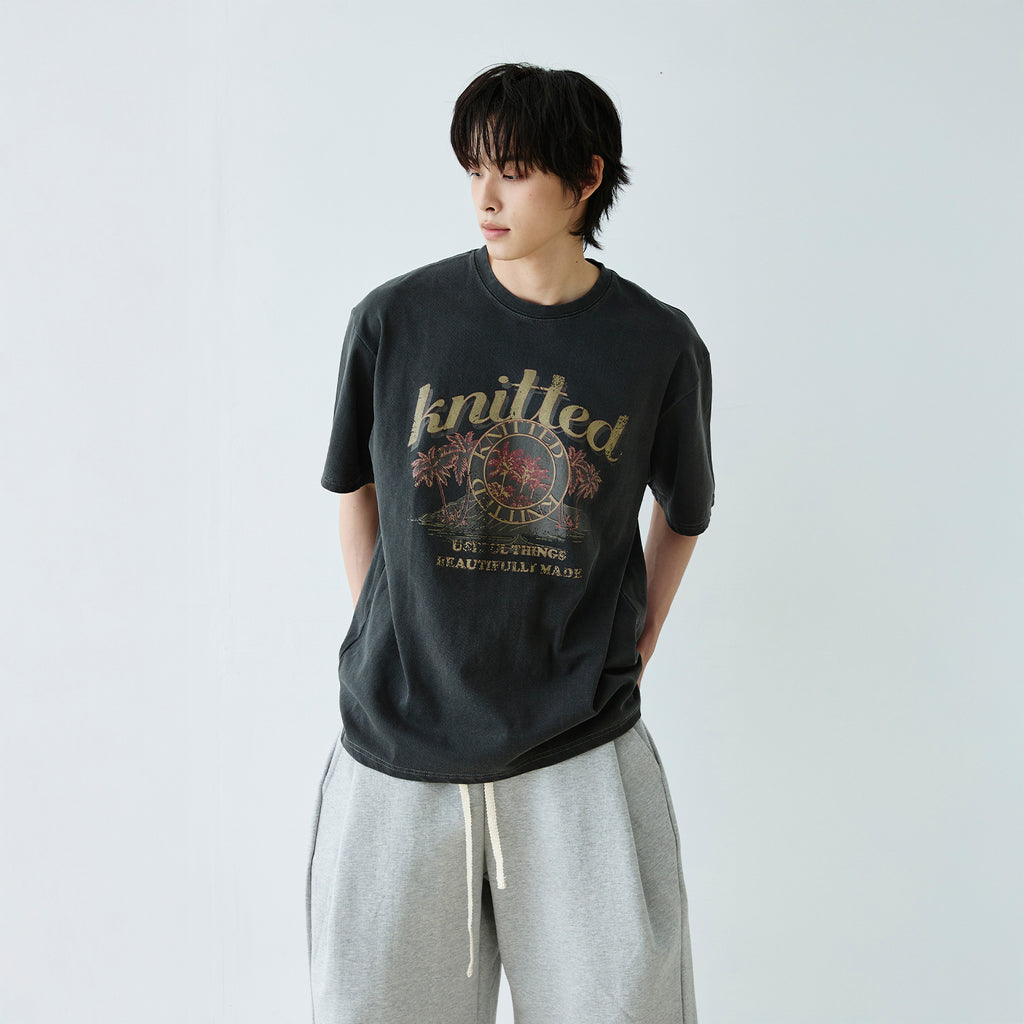 KNITTED (UNISEX) Pigmented palm tree graphic t-shirt CHARCOAL