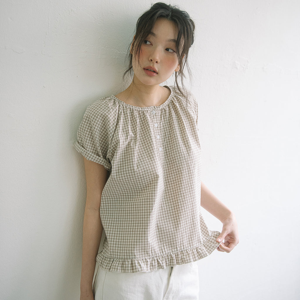 HAVISM CHECK HENLEY NECK BLOUSE(BEIGE)