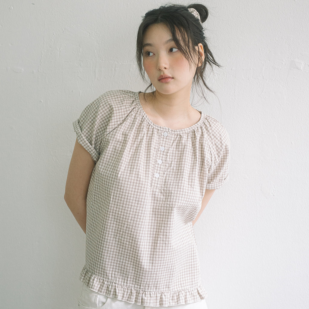 HAVISM CHECK HENLEY NECK BLOUSE(BEIGE)