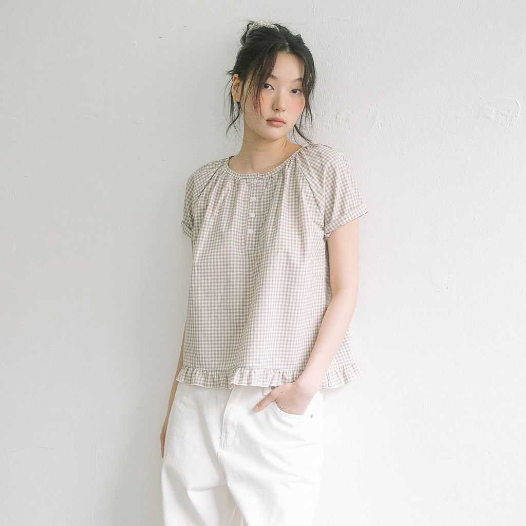 HAVISM CHECK HENLEY NECK BLOUSE(BEIGE)