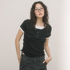 HAVISM DOUBLE HENLEY NECK S/S TEE(BLACK)