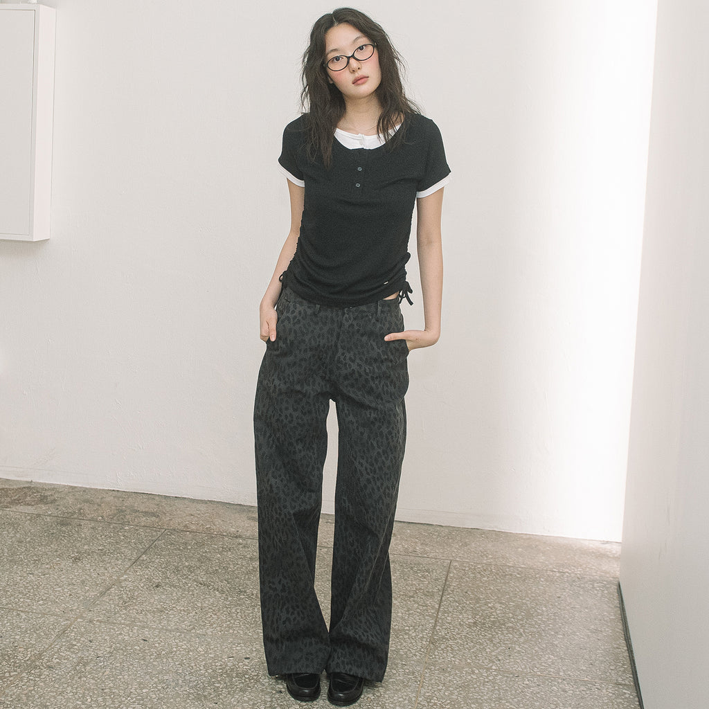 HAVISM DOUBLE HENLEY NECK S/S TEE(BLACK)