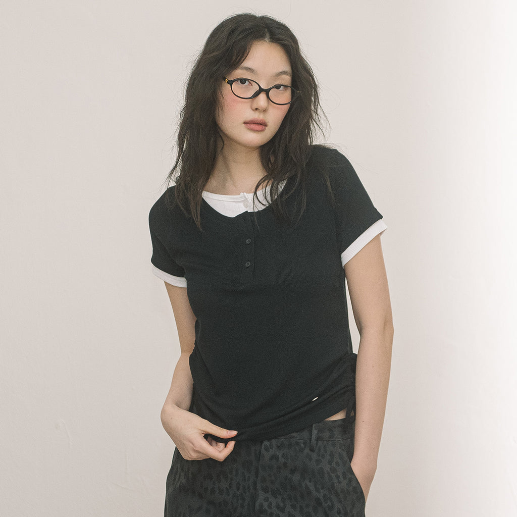 HAVISM DOUBLE HENLEY NECK S/S TEE(BLACK)
