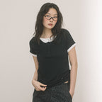 HAVISM DOUBLE HENLEY NECK S/S TEE(BLACK)