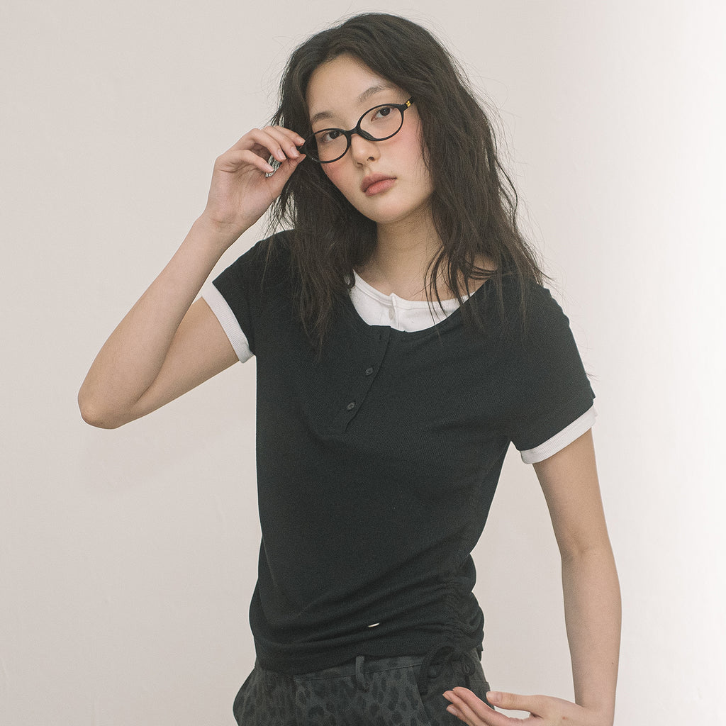 HAVISM DOUBLE HENLEY NECK S/S TEE(BLACK)