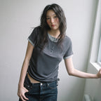 HAVISM DOUBLE HENLEY NECK S/S TEE(CHARCOAL)